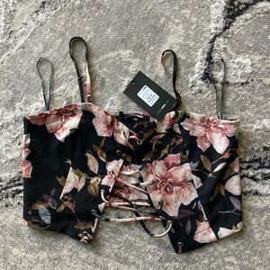Fashion Nova Black Floral Lace-Up Crop Top